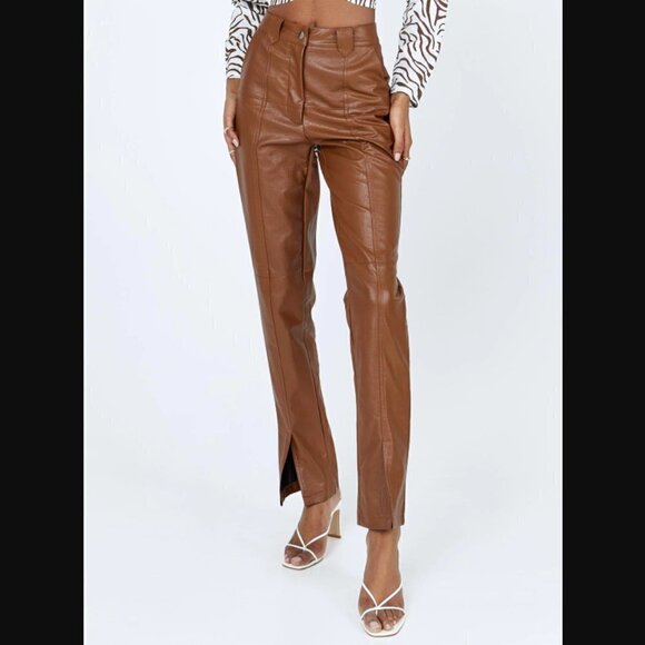 Princess Polly Neptune Brown Faux Leather Split Leg Pants 2 - Picture 1 of 9